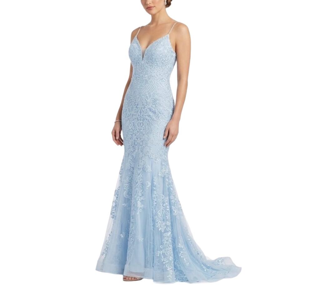 Jovani 02258 Blue Evening Gown Beaded Lace Backless Formal Mermaid Dress Size 6